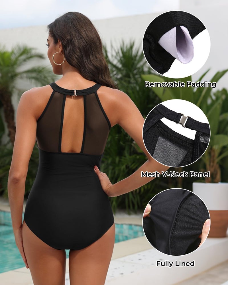 Tempt Me Women One Piece Swimsuit Black High Neck Plunge Ruched Tummy Control Bathing Suit 1X - Image 3